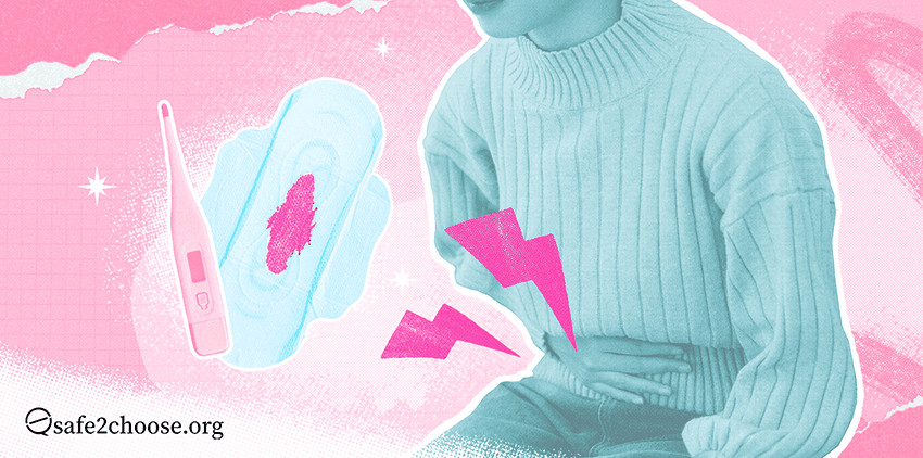 Person holding their lower belly in pain with visual icons of cramping and bleeding after abortion, safe2choose.org branding visible