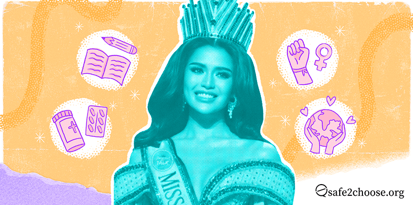 Miss World Philippines winner in crown and sash, surrounded by icons symbolizing education, reproductive health, women's rights, and global empowerment