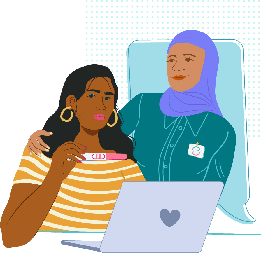 Illustration of two women, one holding a positive pregnancy test looking concerned, the other offering